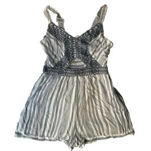 Japna women’s Sleeveless V-neck Short Romper size XS, Gray & White Stripes